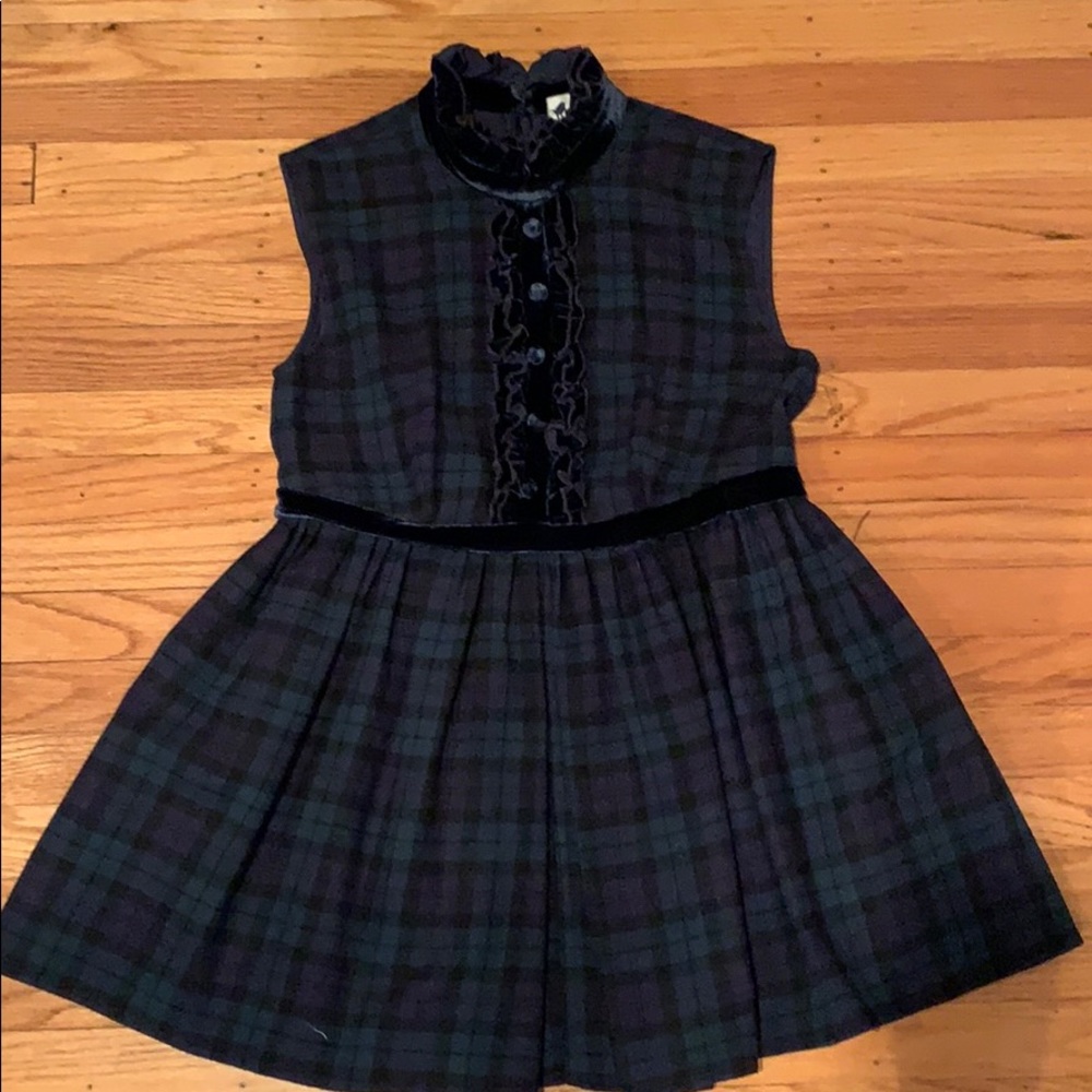 Tartan long blouse with navy blue velvet trim